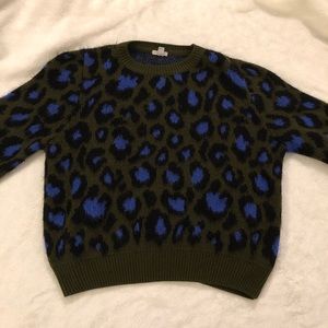 Olive Green Knit Sweater With Blue Leopard Spots